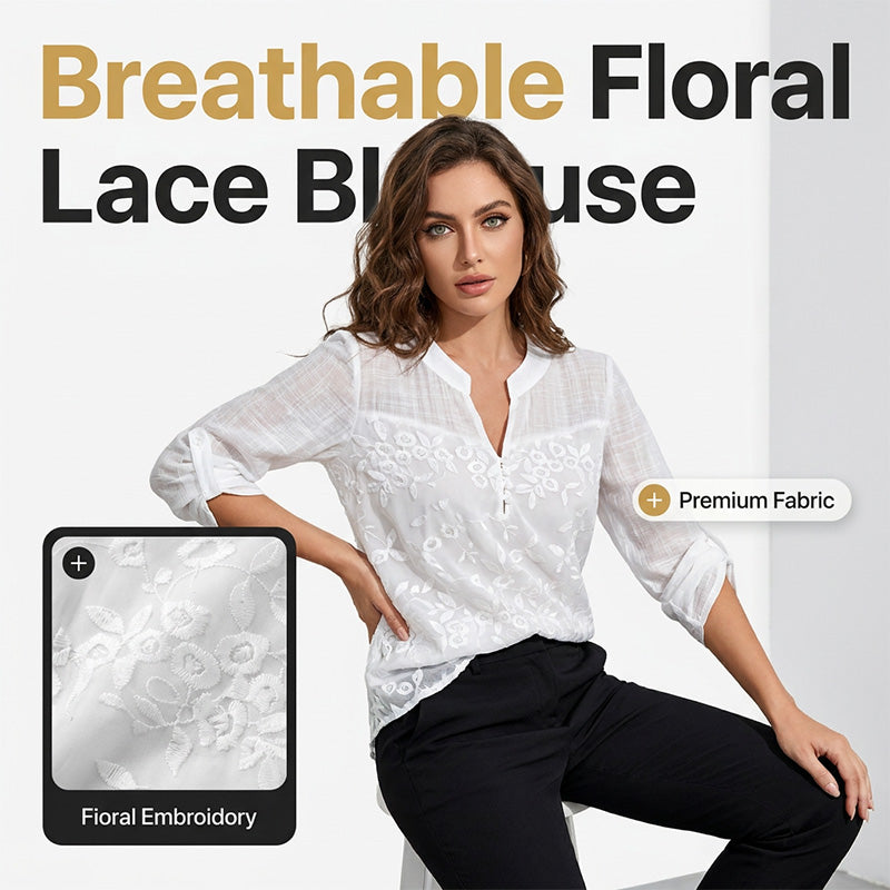✨ Spitzenpanel V-Ausschnitt Bluse – Bestickt, Aufrollbare Ärmel, Mühelos Schick 🌸