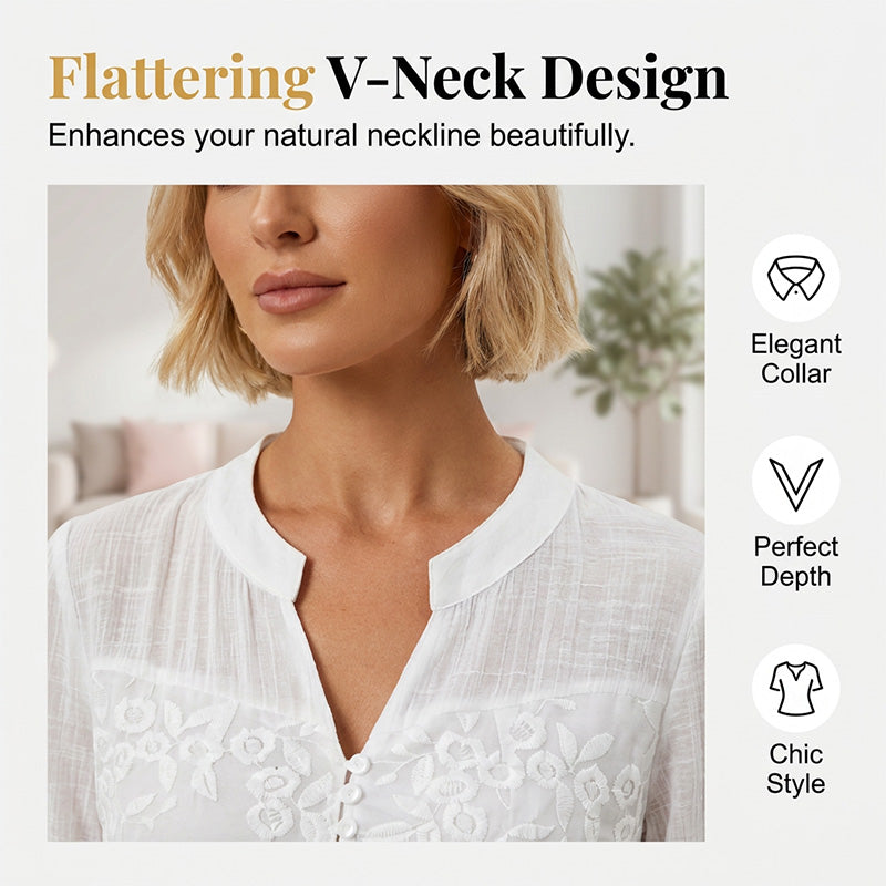 ✨ Spitzenpanel V-Ausschnitt Bluse – Bestickt, Aufrollbare Ärmel, Mühelos Schick 🌸