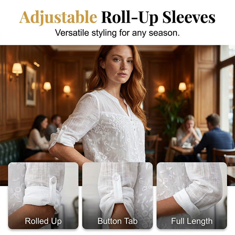 ✨ Spitzenpanel V-Ausschnitt Bluse – Bestickt, Aufrollbare Ärmel, Mühelos Schick 🌸