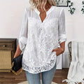 ✨ Spitzenpanel V-Ausschnitt Bluse – Bestickt, Aufrollbare Ärmel, Mühelos Schick 🌸