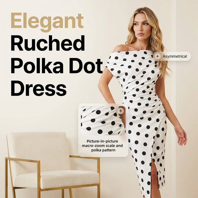 ⏰ 50 % RABATT – Nur für kurze Zeit 🌸 Damen Midi-Kleid mit Punktemuster ✨ Asymmetrischer Schnitt, Falten-Details & Elegante Passform mit Schlitz