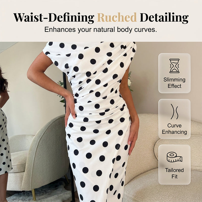 ⏰ 50 % RABATT – Nur für kurze Zeit 🌸 Damen Midi-Kleid mit Punktemuster ✨ Asymmetrischer Schnitt, Falten-Details & Elegante Passform mit Schlitz