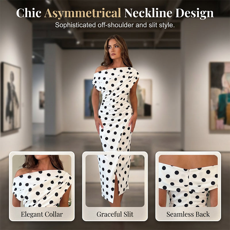 ⏰ 50 % RABATT – Nur für kurze Zeit 🌸 Damen Midi-Kleid mit Punktemuster ✨ Asymmetrischer Schnitt, Falten-Details & Elegante Passform mit Schlitz