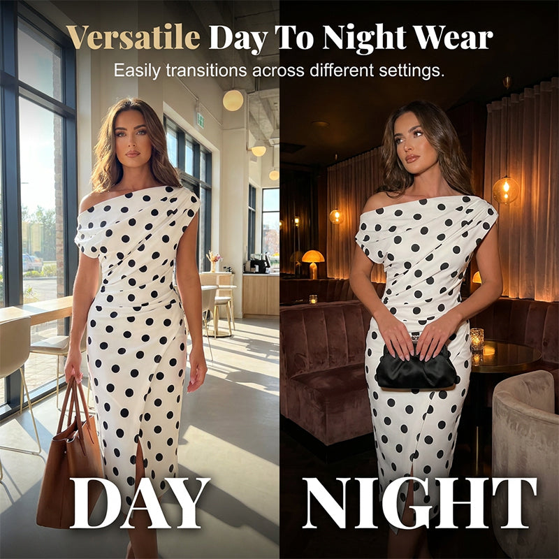 ⏰ 50 % RABATT – Nur für kurze Zeit 🌸 Damen Midi-Kleid mit Punktemuster ✨ Asymmetrischer Schnitt, Falten-Details & Elegante Passform mit Schlitz