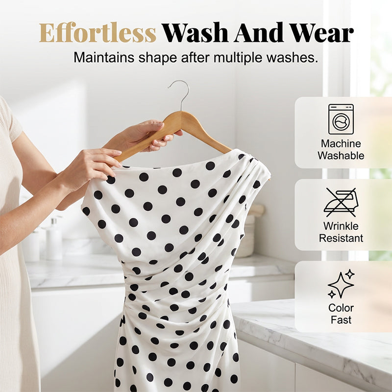 ⏰ 50 % RABATT – Nur für kurze Zeit 🌸 Damen Midi-Kleid mit Punktemuster ✨ Asymmetrischer Schnitt, Falten-Details & Elegante Passform mit Schlitz