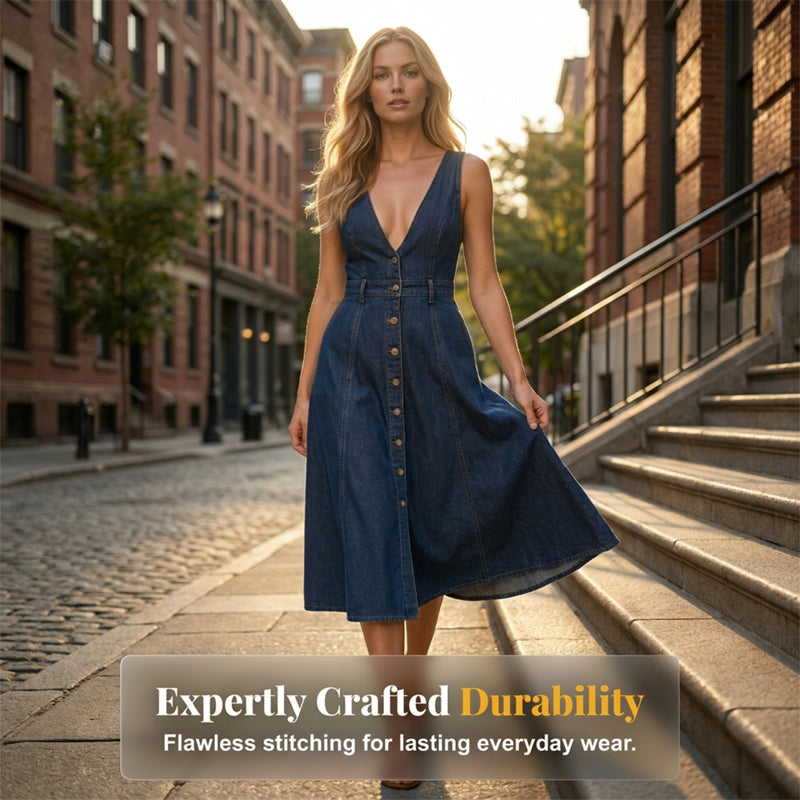 👗 Neues Sommerkleid für Damen – blue Jean-Look mit Used-Optik, Träger & einreihige Knopfleiste, mittellang 🌊✨
