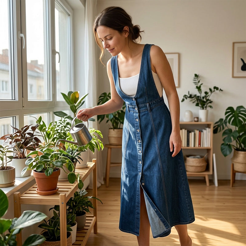 👗 Neues Sommerkleid für Damen – blue Jean-Look mit Used-Optik, Träger & einreihige Knopfleiste, mittellang 🌊✨