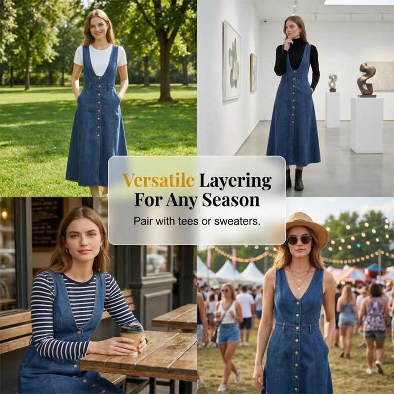 👗 Neues Sommerkleid für Damen – blue Jean-Look mit Used-Optik, Träger & einreihige Knopfleiste, mittellang 🌊✨