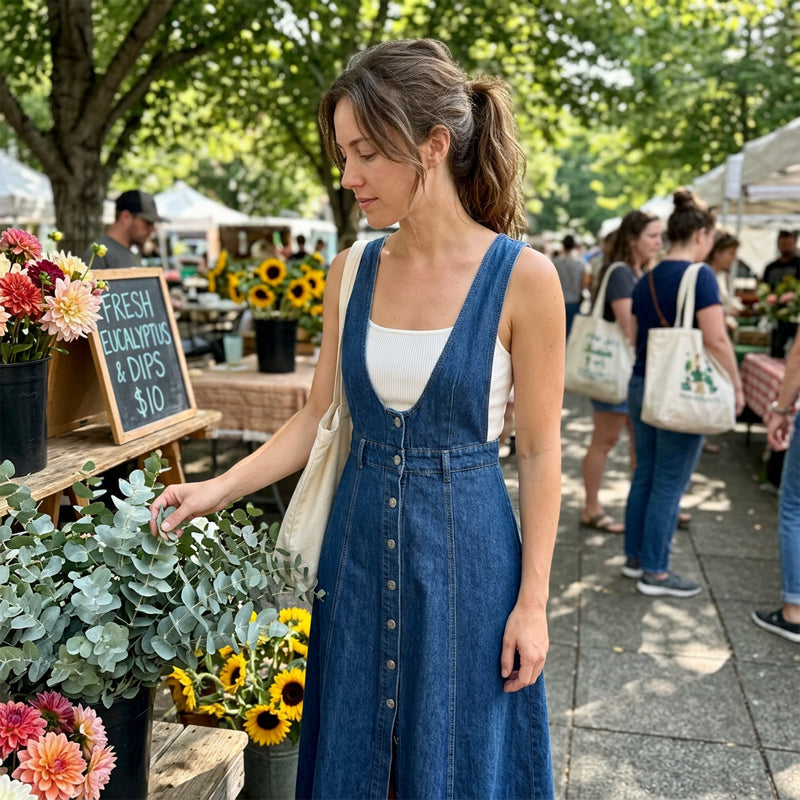 👗 Neues Sommerkleid für Damen – blue Jean-Look mit Used-Optik, Träger & einreihige Knopfleiste, mittellang 🌊✨
