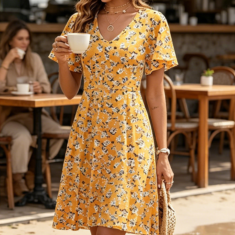 👗 Damen-Kleid mit floralem Print & V-Ausschnitt – luftig, bequem & vielseitig für Sommer, Alltag & Reisen 🌸☀️