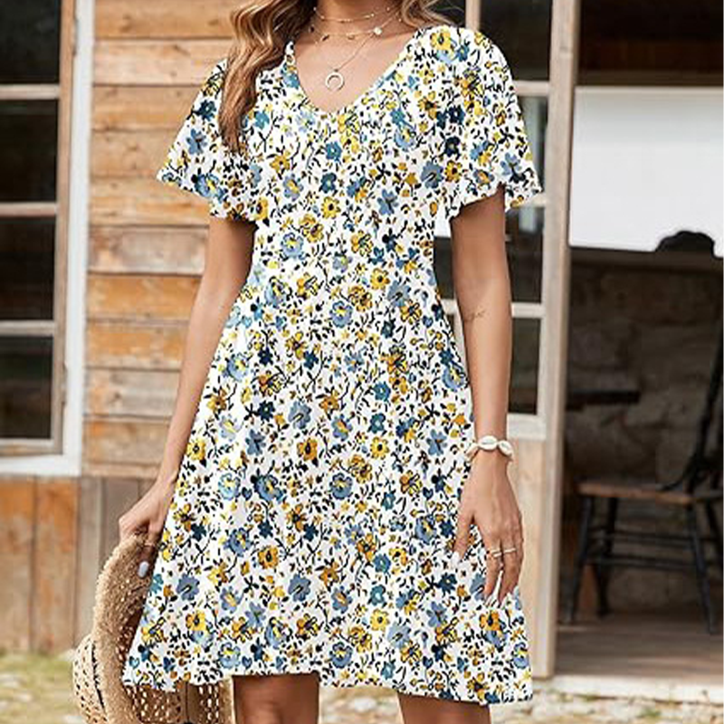 👗 Damen-Kleid mit floralem Print & V-Ausschnitt – luftig, bequem & vielseitig für Sommer, Alltag & Reisen 🌸☀️