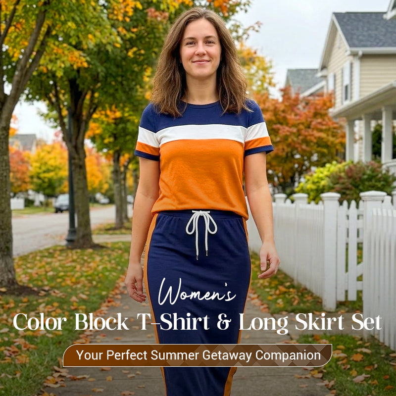 2-teiliges Damen-Set – Color-Block T-Shirt & langer Rock, bequem & vielseitig für Sommer, Alltag & Reisen 🌸☀️