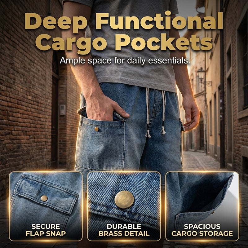 🩳 NUR FÜR BEGRENZTE ZEIT 50 % RABATT! ✨ Lässige Jeansshorts für Herren – Cargotaschen, Kordelzug, High-Street-Style 🏙️