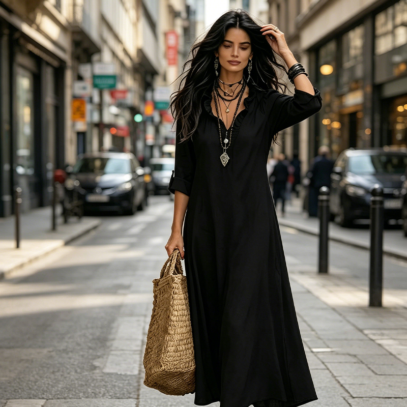 📢Mid-Season Sale: −50% nur für kurze Zeit⏰Bohème-Maxi-Kleid mit Rüschen & V-Ausschnitt