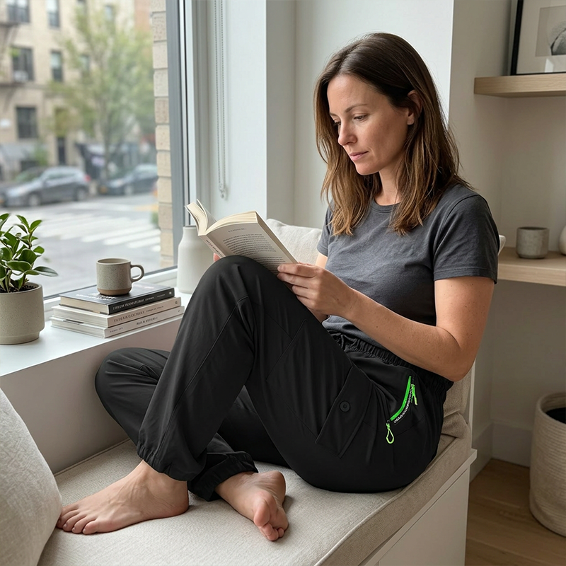 👖 Sportliche Cargohose für Damen – elastischer Bund, atmungsaktiv & mit vielen Taschen, ideal für Yoga, Reisen & Alltag 🧘‍♀️🌿