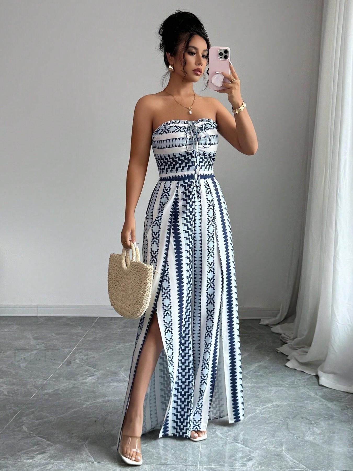 👗💙 Geometrischer Jumpsuit mit Halter-Ausschnitt & Seitenschlitz!
