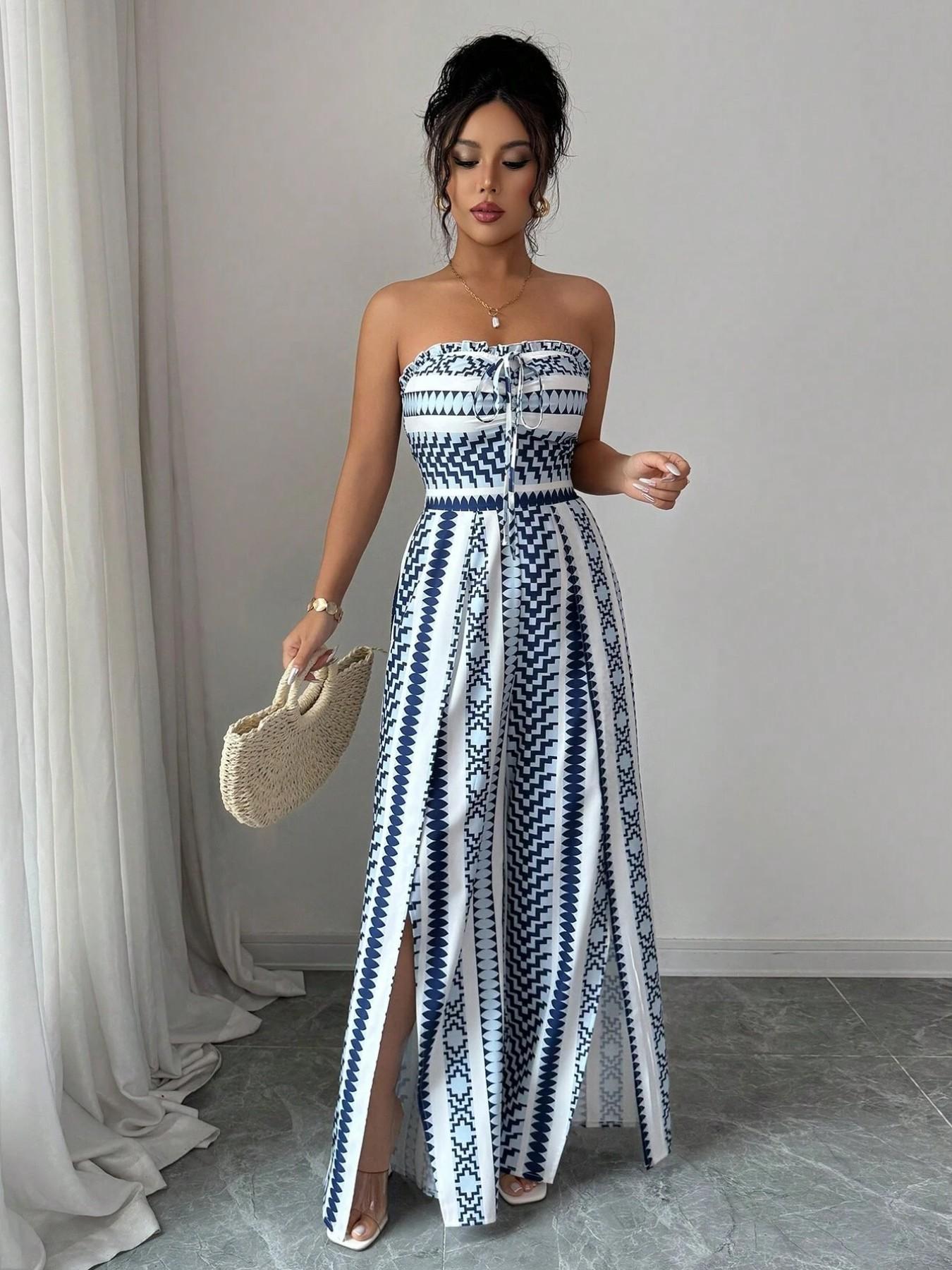 👗💙 Geometrischer Jumpsuit mit Halter-Ausschnitt & Seitenschlitz!