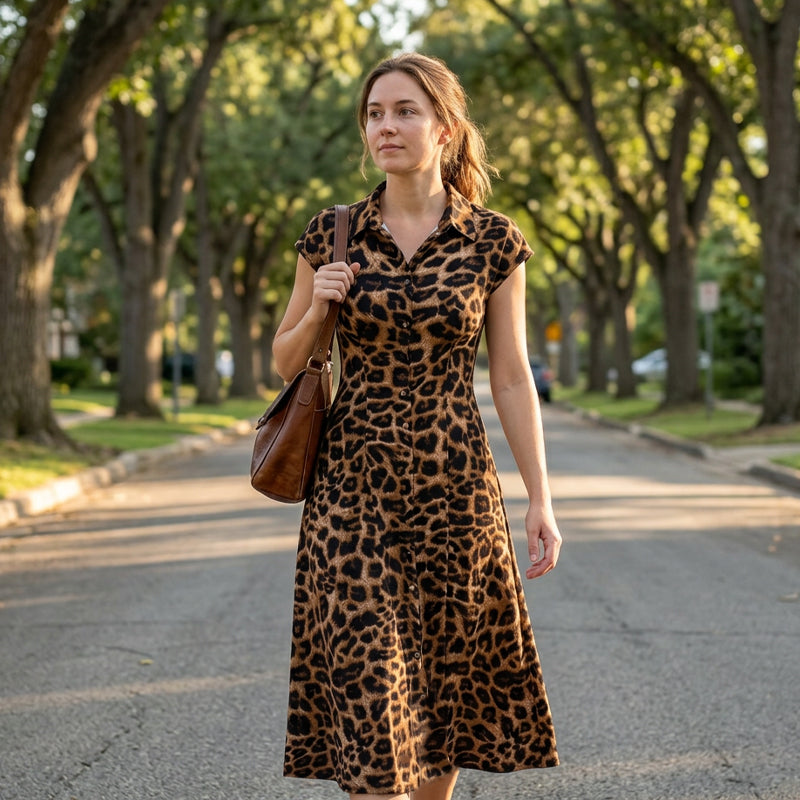 👗🐆 50% RABATT! Elegantes Damen-Kleid mit Leopardenprint & Reverskragen – Stilvoll, figurbetont & perfekt für Büro, Dinner & besondere Anlässe ✨