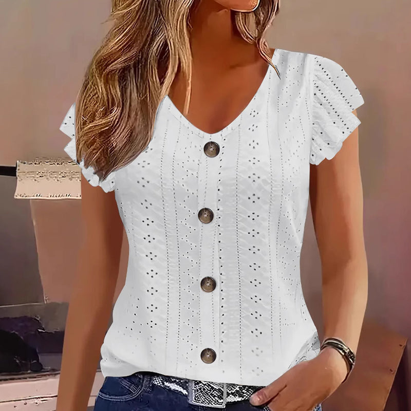 📢Mid-Season Sale: −50% nur für kurze Zeit⏰👚Damen-Kurzarmshirt mit V-Ausschnitt & Knopfleiste🌸