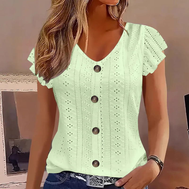 📢Mid-Season Sale: −50% nur für kurze Zeit⏰👚Damen-Kurzarmshirt mit V-Ausschnitt & Knopfleiste🌸
