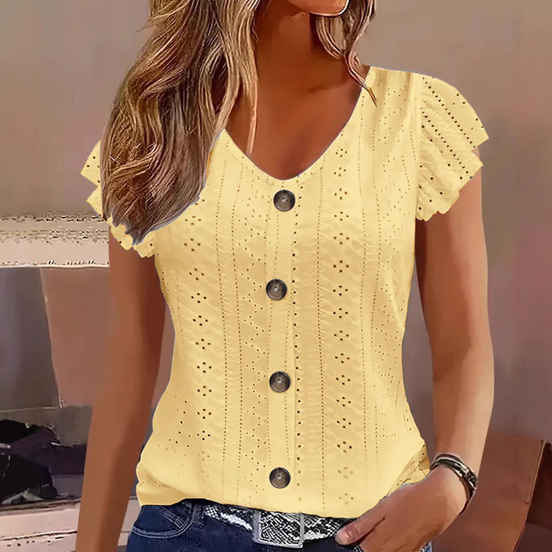 📢Mid-Season Sale: −50% nur für kurze Zeit⏰👚Damen-Kurzarmshirt mit V-Ausschnitt & Knopfleiste🌸