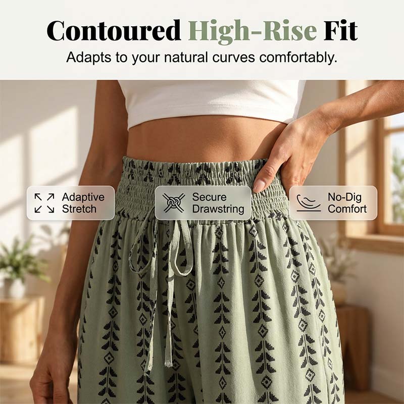 👖 Damen-Harfenhose mit Gummibund & Print – hohe Taille, luftige Passform & vielseitig für Alltag, Strand & Reisen 🌸☀️