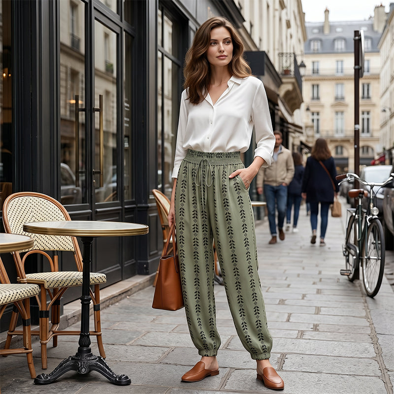 👖 Damen-Harfenhose mit Gummibund & Print – hohe Taille, luftige Passform & vielseitig für Alltag, Strand & Reisen 🌸☀️
