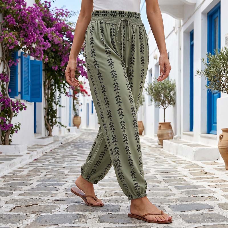 👖 Damen-Harfenhose mit Gummibund & Print – hohe Taille, luftige Passform & vielseitig für Alltag, Strand & Reisen 🌸☀️