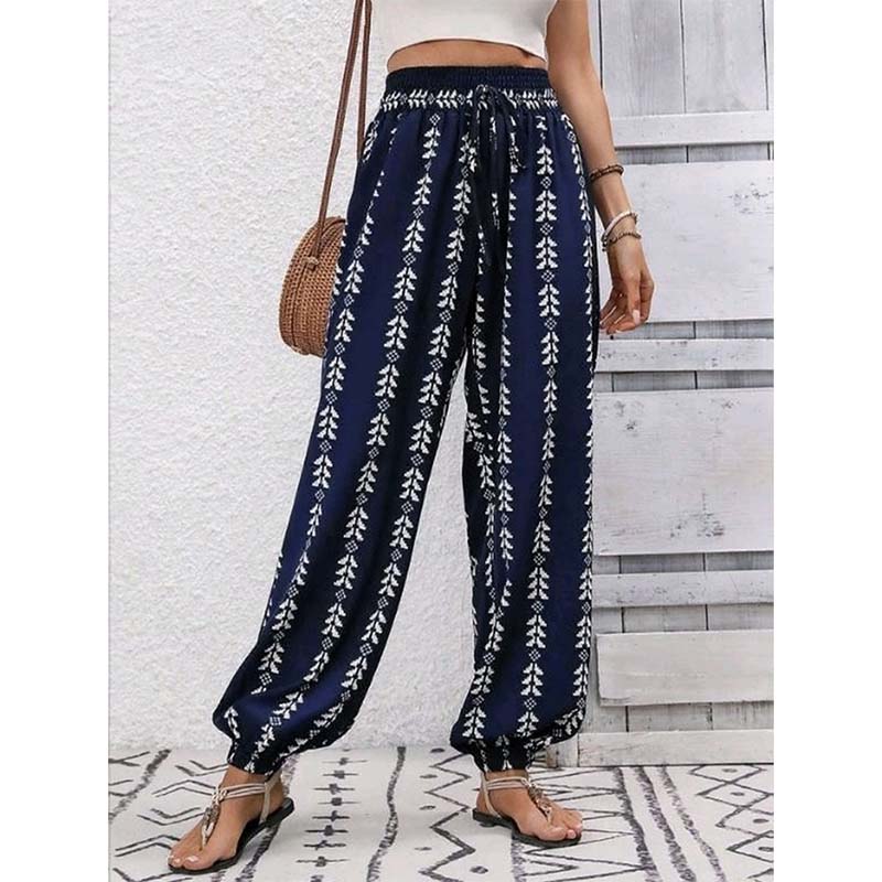 👖 Damen-Harfenhose mit Gummibund & Print – hohe Taille, luftige Passform & vielseitig für Alltag, Strand & Reisen 🌸☀️
