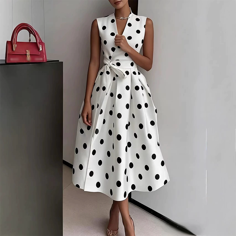 👗 Damen-Kleid mit Polka-Dot-Muster, V-Ausschnitt & ärmellos – luftig, elegant & vielseitig für Alltag, Büro & besondere Anlässe 🌸✨