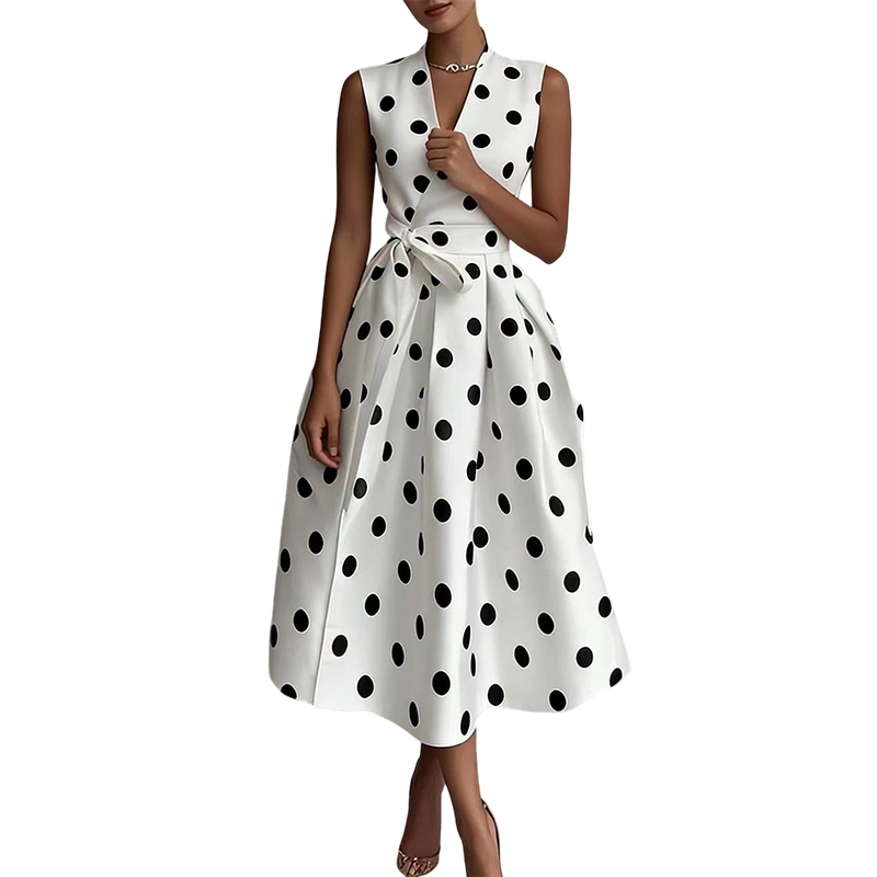 👗 Damen-Kleid mit Polka-Dot-Muster, V-Ausschnitt & ärmellos – luftig, elegant & vielseitig für Alltag, Büro & besondere Anlässe 🌸✨