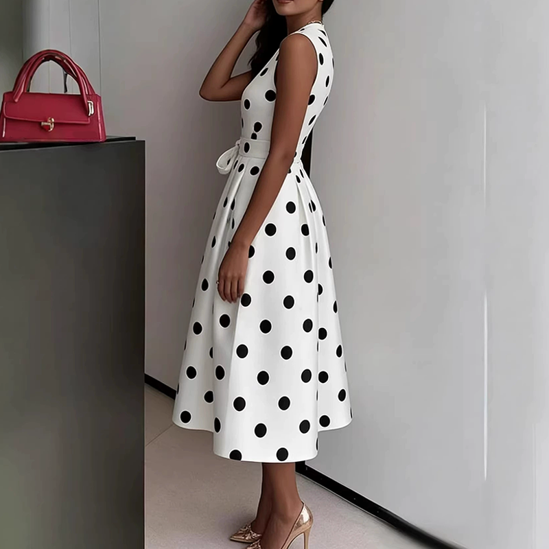 👗 Damen-Kleid mit Polka-Dot-Muster, V-Ausschnitt & ärmellos – luftig, elegant & vielseitig für Alltag, Büro & besondere Anlässe 🌸✨