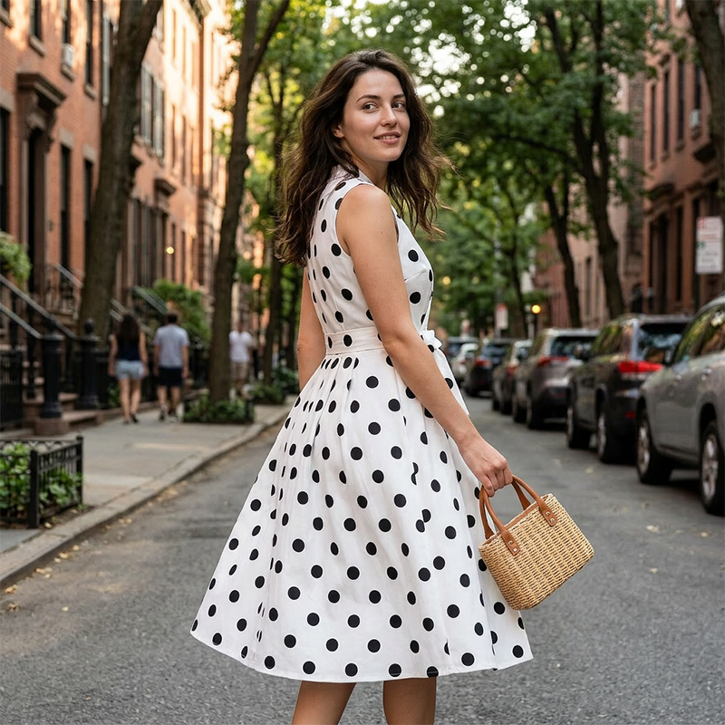 👗 Damen-Kleid mit Polka-Dot-Muster, V-Ausschnitt & ärmellos – luftig, elegant & vielseitig für Alltag, Büro & besondere Anlässe 🌸✨