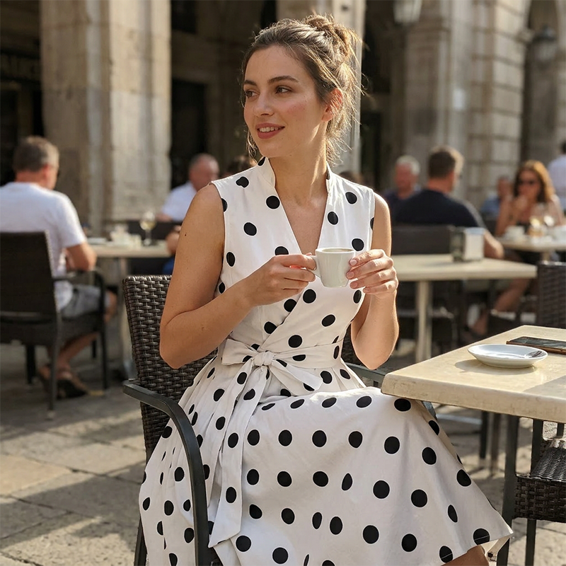 👗 Damen-Kleid mit Polka-Dot-Muster, V-Ausschnitt & ärmellos – luftig, elegant & vielseitig für Alltag, Büro & besondere Anlässe 🌸✨