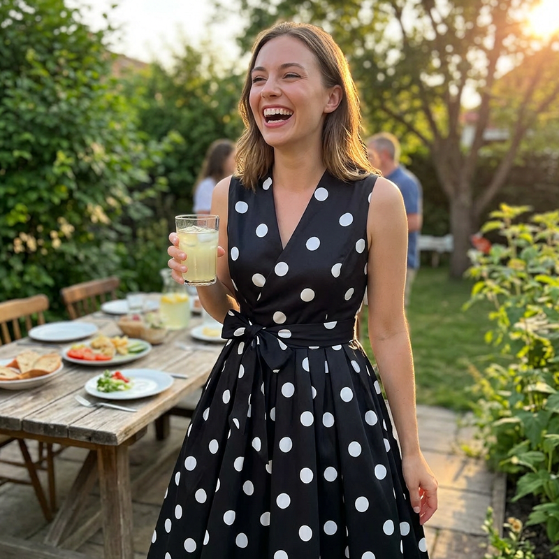 👗 Damen-Kleid mit Polka-Dot-Muster, V-Ausschnitt & ärmellos – luftig, elegant & vielseitig für Alltag, Büro & besondere Anlässe 🌸✨