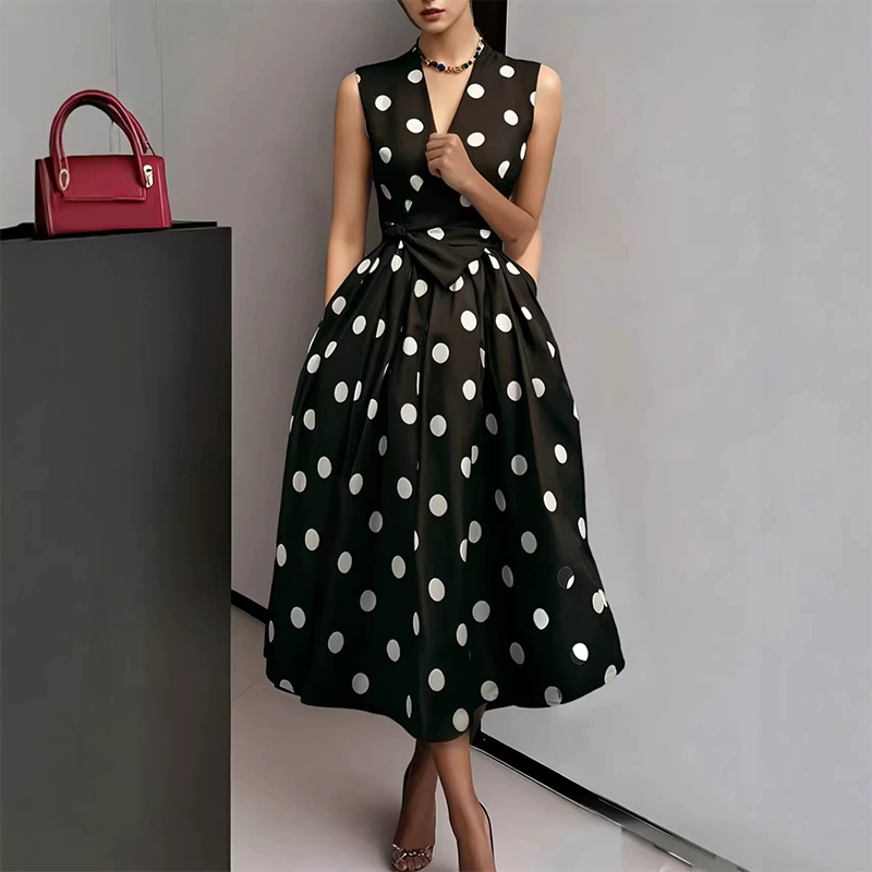 👗 Damen-Kleid mit Polka-Dot-Muster, V-Ausschnitt & ärmellos – luftig, elegant & vielseitig für Alltag, Büro & besondere Anlässe 🌸✨