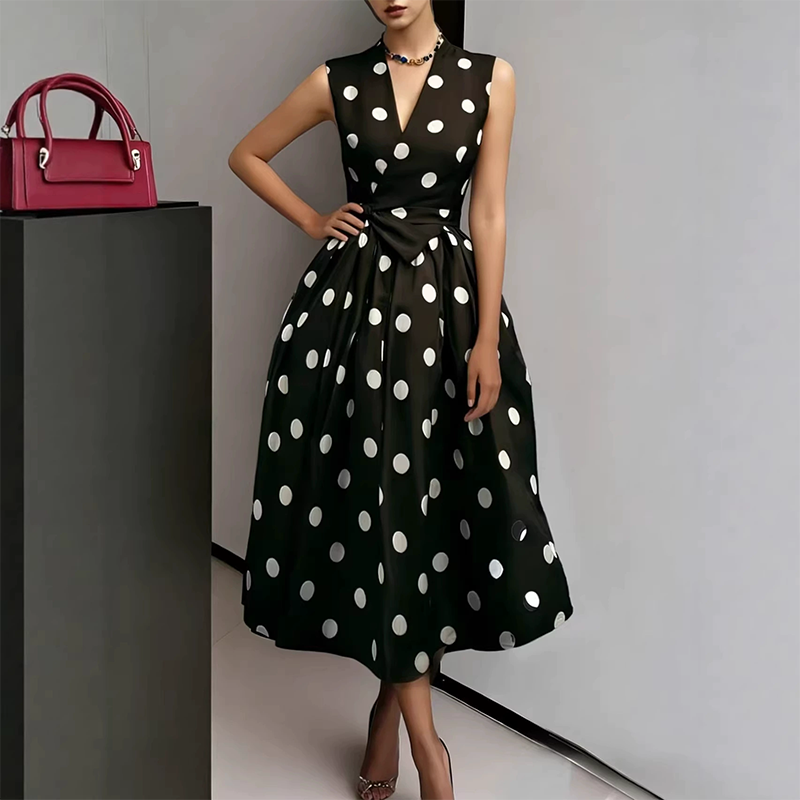 👗 Damen-Kleid mit Polka-Dot-Muster, V-Ausschnitt & ärmellos – luftig, elegant & vielseitig für Alltag, Büro & besondere Anlässe 🌸✨