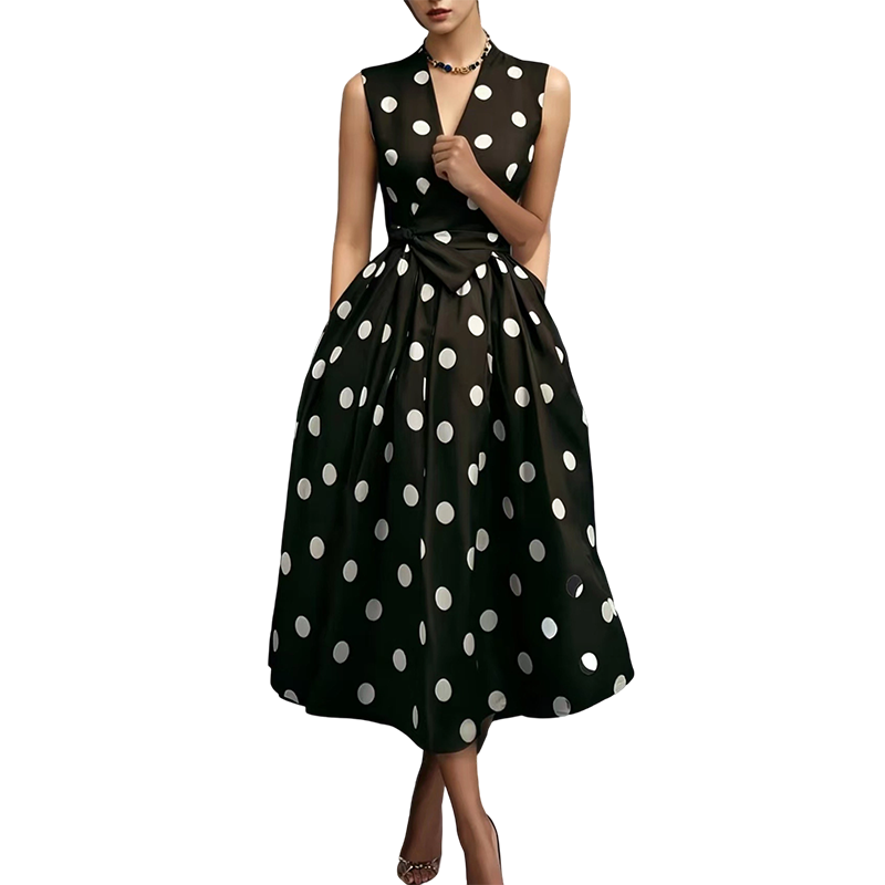 👗 Damen-Kleid mit Polka-Dot-Muster, V-Ausschnitt & ärmellos – luftig, elegant & vielseitig für Alltag, Büro & besondere Anlässe 🌸✨