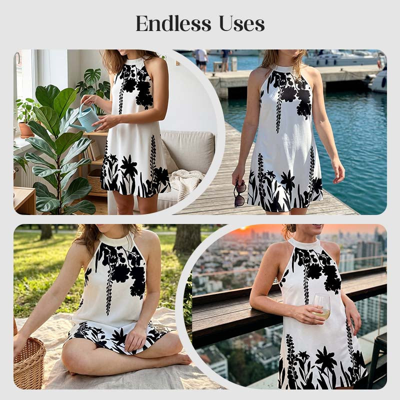 👗 Neues Sommerkleid 2026 – mit floralem Print, Neckholder-Band & offenem Rücken, luftig & elegant für Strand, Urlaub & Gartenpartys 🌸☀️