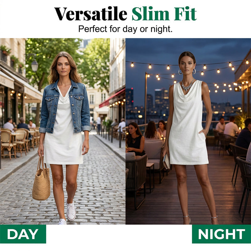 👗 50% RABATT! ⏰ Elegantes Slim-Fit-Kleid mit Wasserfallausschnitt – Ärmellos & mit Seitentaschen – Vielseitig & schmeichelhaft – perfekt für Büro, Dinner oder einen stilvollen Auftritt im Alltag ✨🌸