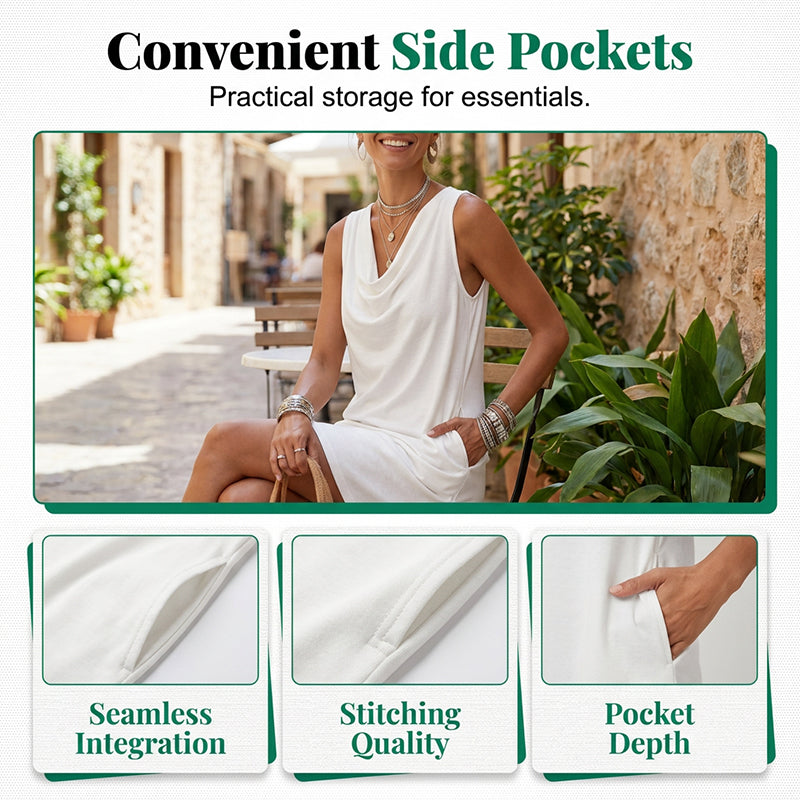 👗 50% RABATT! ⏰ Elegantes Slim-Fit-Kleid mit Wasserfallausschnitt – Ärmellos & mit Seitentaschen – Vielseitig & schmeichelhaft – perfekt für Büro, Dinner oder einen stilvollen Auftritt im Alltag ✨🌸