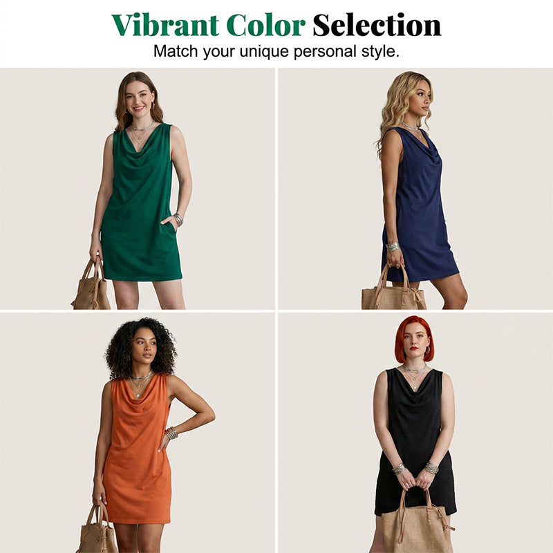 👗 50% RABATT! ⏰ Elegantes Slim-Fit-Kleid mit Wasserfallausschnitt – Ärmellos & mit Seitentaschen – Vielseitig & schmeichelhaft – perfekt für Büro, Dinner oder einen stilvollen Auftritt im Alltag ✨🌸
