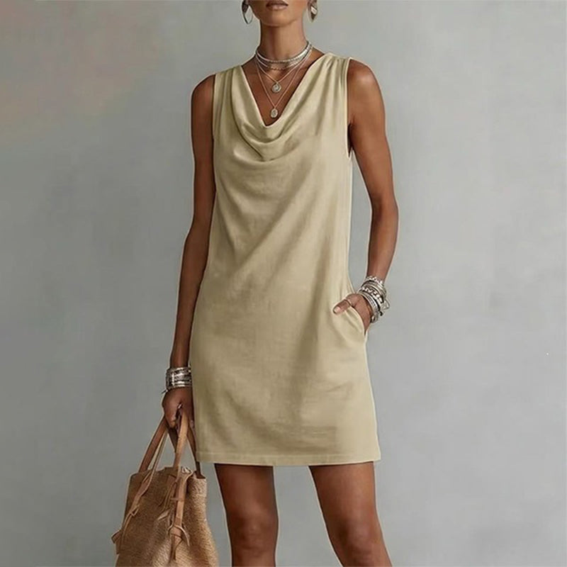 👗 50% RABATT! ⏰ Elegantes Slim-Fit-Kleid mit Wasserfallausschnitt – Ärmellos & mit Seitentaschen – Vielseitig & schmeichelhaft – perfekt für Büro, Dinner oder einen stilvollen Auftritt im Alltag ✨🌸