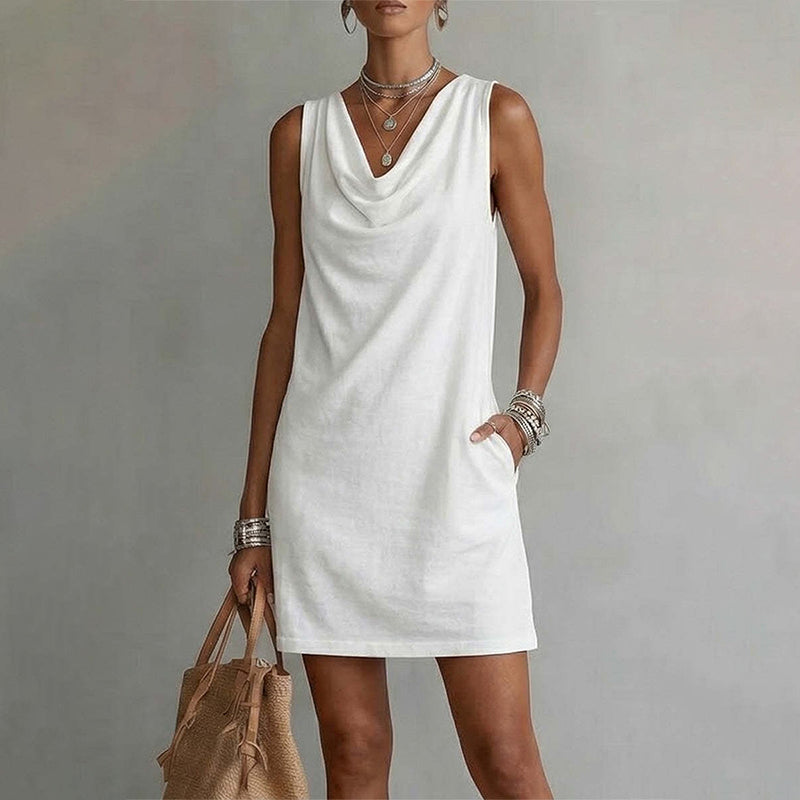 👗 50% RABATT! ⏰ Elegantes Slim-Fit-Kleid mit Wasserfallausschnitt – Ärmellos & mit Seitentaschen – Vielseitig & schmeichelhaft – perfekt für Büro, Dinner oder einen stilvollen Auftritt im Alltag ✨🌸