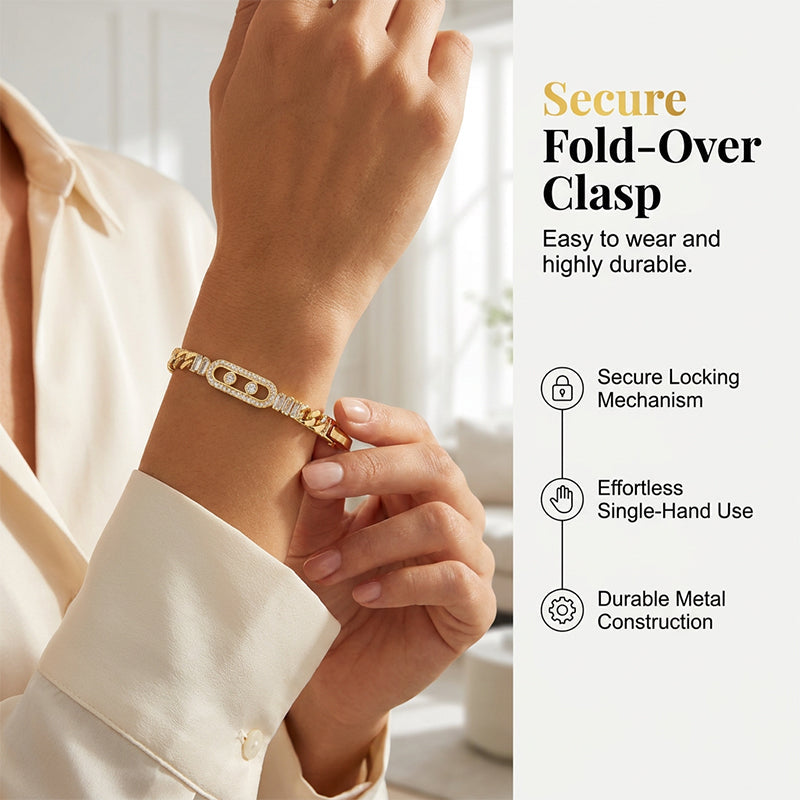 📿 ZEITLICH BEGRENZT 50% RABATT! 💥 Damen Goldton Zirkonia Kettenarmband – Kubanische Glieder, Zirkon-Akzente, Faltschließe ✨