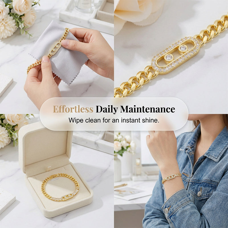 📿 ZEITLICH BEGRENZT 50% RABATT! 💥 Damen Goldton Zirkonia Kettenarmband – Kubanische Glieder, Zirkon-Akzente, Faltschließe ✨