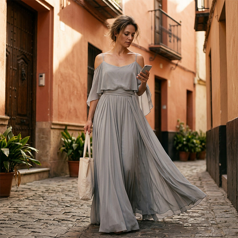 👗 Fließendes, ärmelloses Kleid mit einseitigem Ausschnitt – minimalistisches Design, weiter, weiterer Rock & edler Look, ideal für besondere Anlässe & den eleganten Alltag 🌙