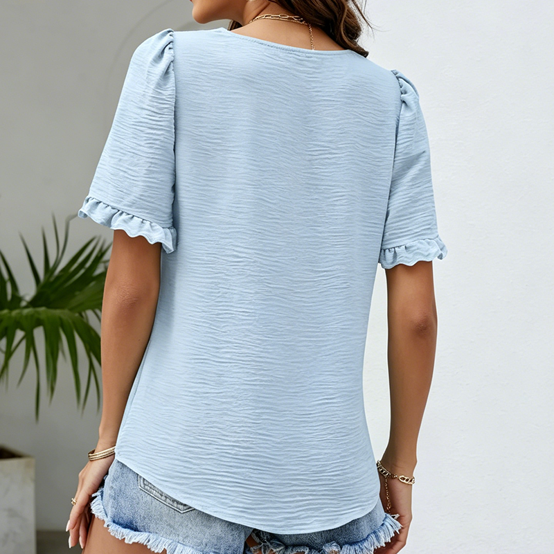👚 Damen-Kurzarmtop mit quadratischem Ausschnitt, Rüschen & Krauseldetails – leicht, feminin & vielseitig für Alltag & Sommer 🌸