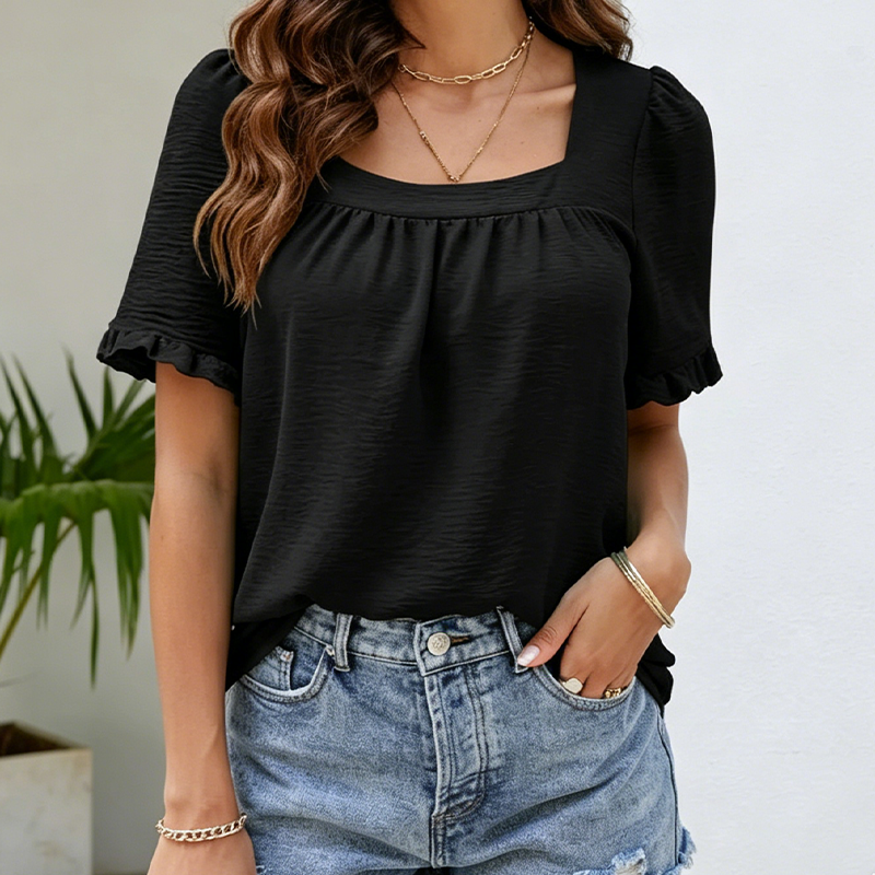 👚 Damen-Kurzarmtop mit quadratischem Ausschnitt, Rüschen & Krauseldetails – leicht, feminin & vielseitig für Alltag & Sommer 🌸