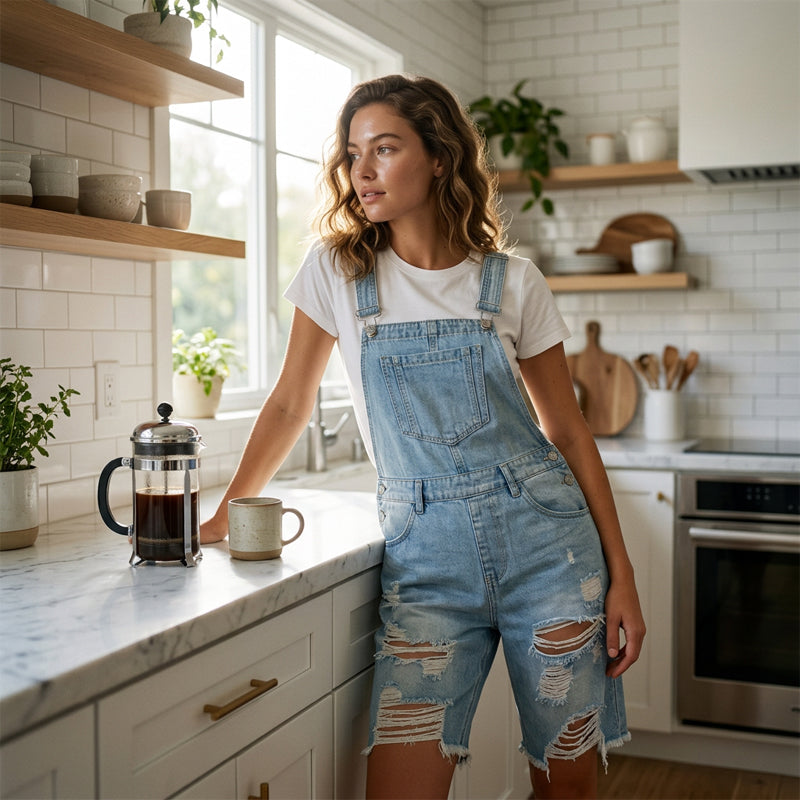 👖 Damen-Overalls in 5/4-Länge – hellblaue Used-Jeans mit Loch-Details, ausgefranste Kanten & lässiger Schnitt, ideal für den urbanen Alltag & den Sommer 🌊